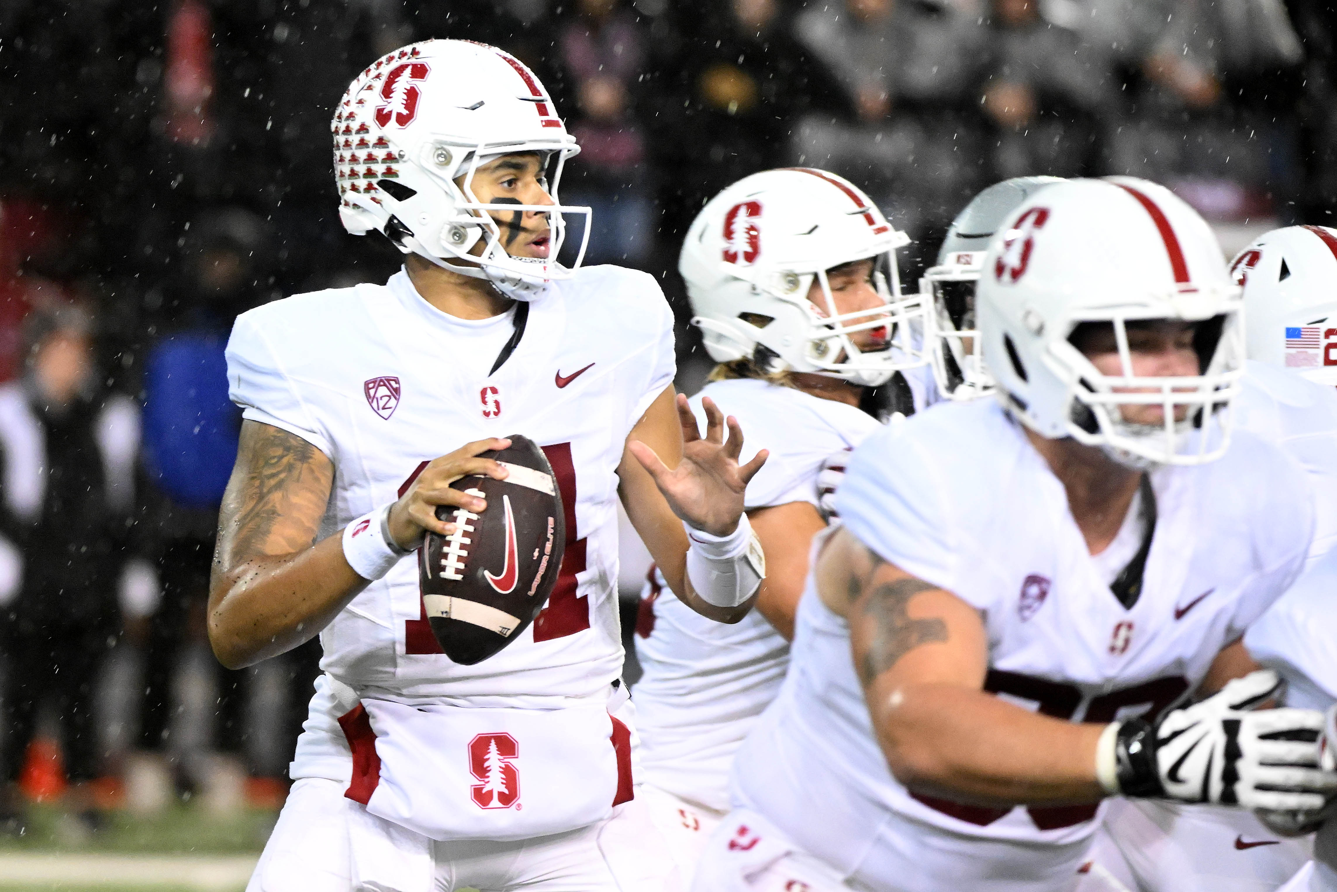 Nov 4, 2023; Pullman, Washington, USA; Stanford Cardinal quarterback Ashton Daniels (14) throws a pass against the Washington State Cougars in the first half at Gesa Field at Martin Stadium. Mandatory Credit: James Snook-USA TODAY Sports